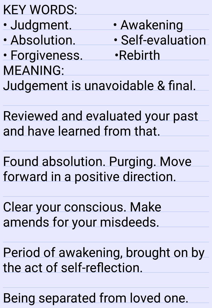  #xspoilers Ok, I also read ab the "Judgement" card from the first tweet, the one with Apocalypse looking the abyss. In summary, you have evaluated yourself and now you know you're destined for so much, a better path. You let go your past sins and walk to a new life, a rebirth.