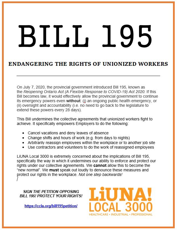 LIUNA3000's tweet photo. We are extremely concerned about the implications of Bill 195, specifically how it undermines our ability to enforce our rights under our collective agreements. We cannot allow this to become the “new normal”. Sign the CCLA's petition to Stop Bill 195: https://t.co/V0IA9XJDWg https://t.co/iq948em1F7