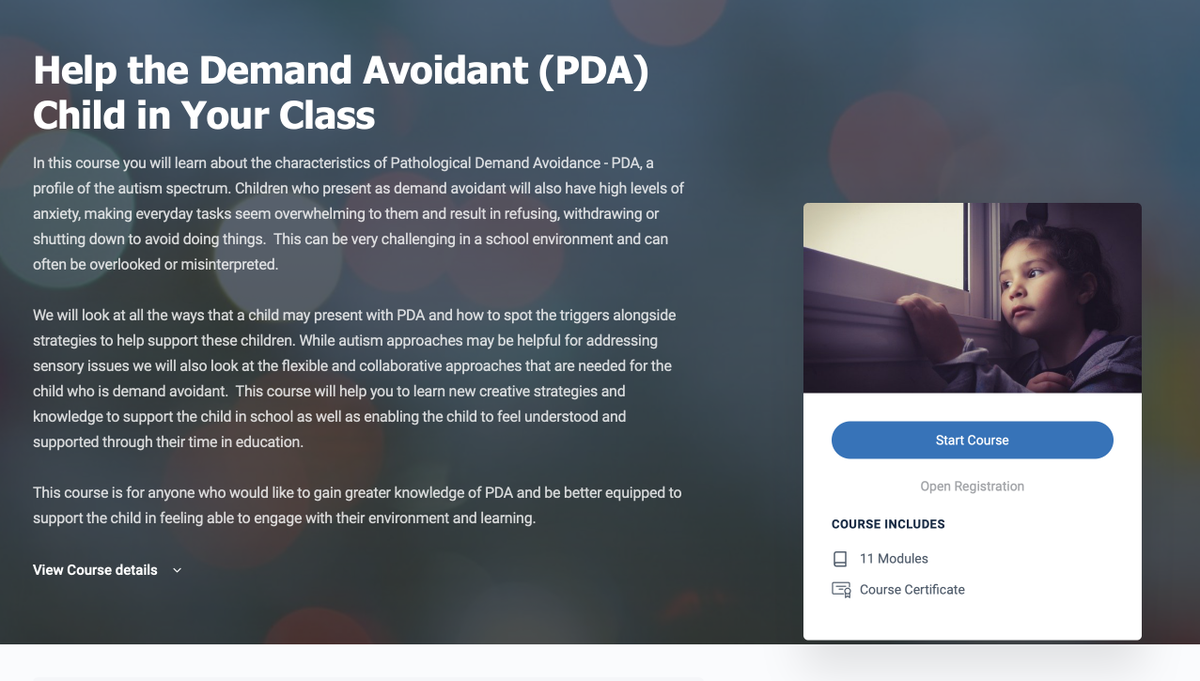 PookyH's tweet photo. Hi @PDASociety - I'm going to share our course "Help the Demand Avoidant (PDA) Child in Your Class" by @_MissingTheMark for free until 26th July

I thought you you might like to encourage your members to share it with their networks?

Thank you for all you do https://t.co/fjXx37RfJY