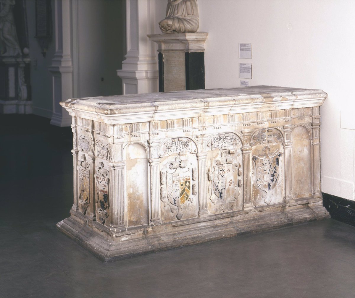 After the nave at Eastwell church, Kent collapsed in 1951, the monuments were relocated to  @V_and_A. During dismantling, conservators found that animal bones had been used as ties between masonry elements in the monument to Sir Thomas and Katherine Moyle (c.1560) #thread