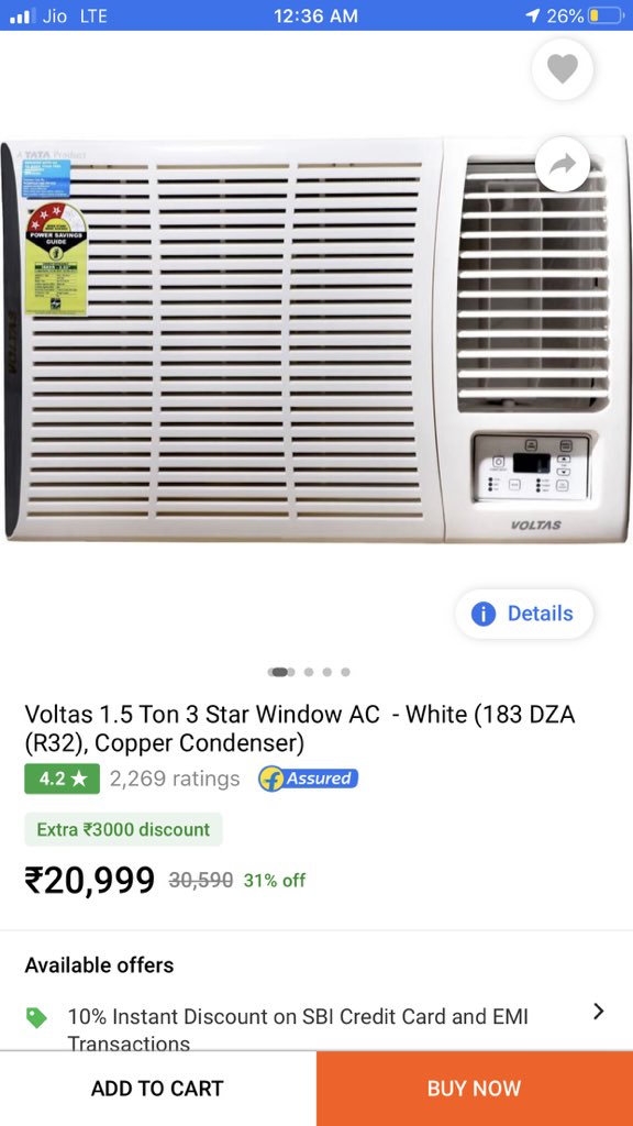 gagan248's tweet photo. . @flipkartsupport voltas window 1.5 ton AC was priced at 20,999 on 14th July and now its on 22,499 !! is this u call sale ?? Or making fool to customers !! Pls explain.... https://t.co/OcYcqUPccb