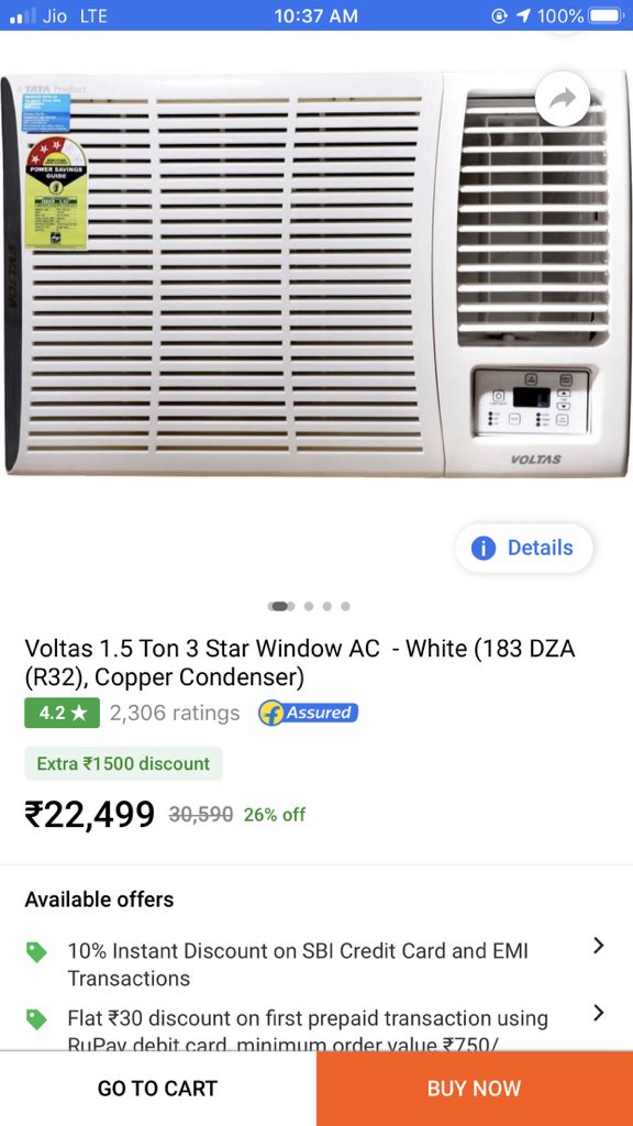 gagan248's tweet photo. . @flipkartsupport voltas window 1.5 ton AC was priced at 20,999 on 14th July and now its on 22,499 !! is this u call sale ?? Or making fool to customers !! Pls explain.... https://t.co/OcYcqUPccb