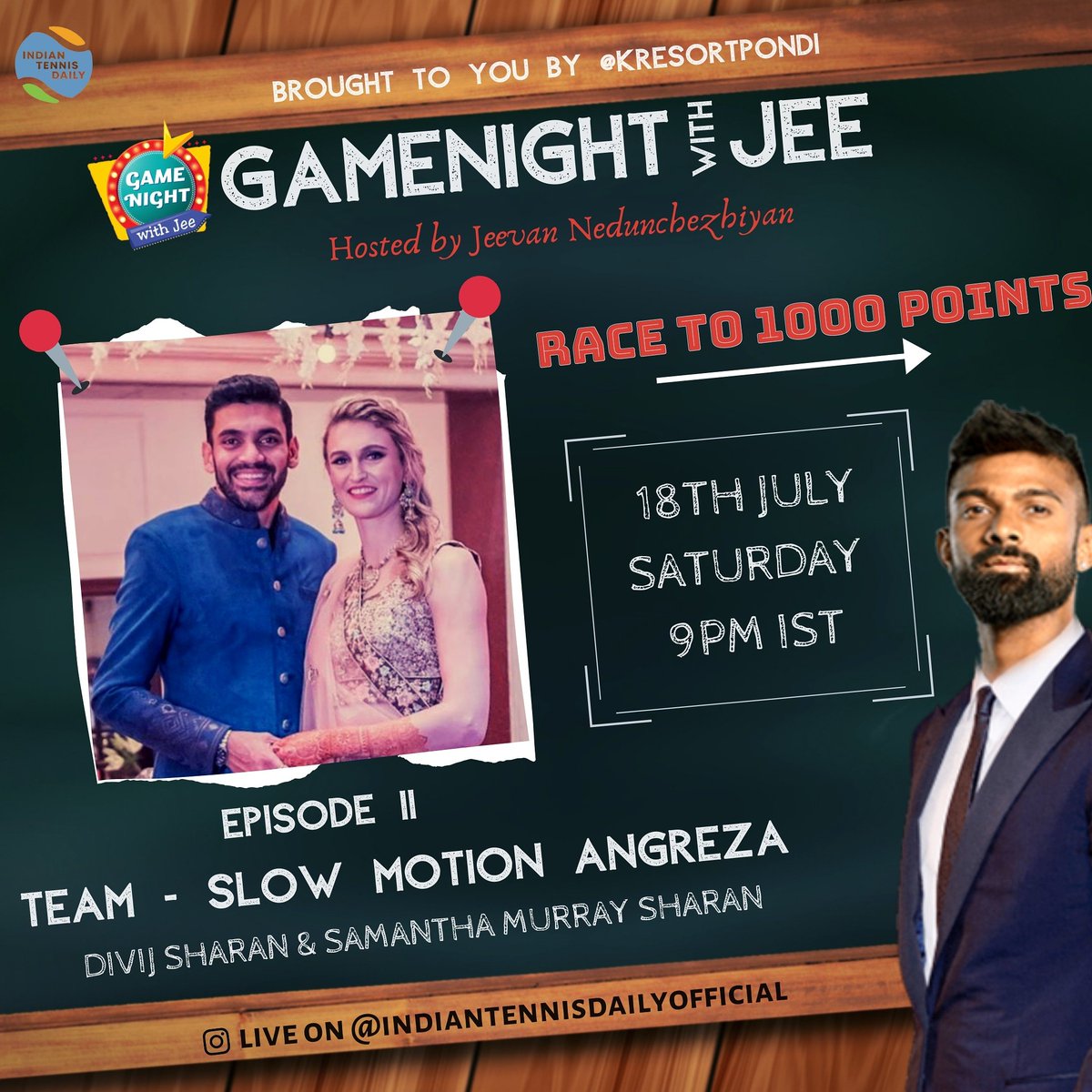 IndTennisDaily's tweet photo. *DRUMROLLS*
#GamenightWithJee : Episode 11 – TEAM SLOW MOTION ANGREZA (@divijsharan &amp; @SamMurray87 )

Catch the incredible tennis couple Divij &amp; Samantha getting ready to light up our Saturday night! 

18th July, Saturday at 9pm IST - Live on our instagram page! https://t.co/zmUZlVZl25