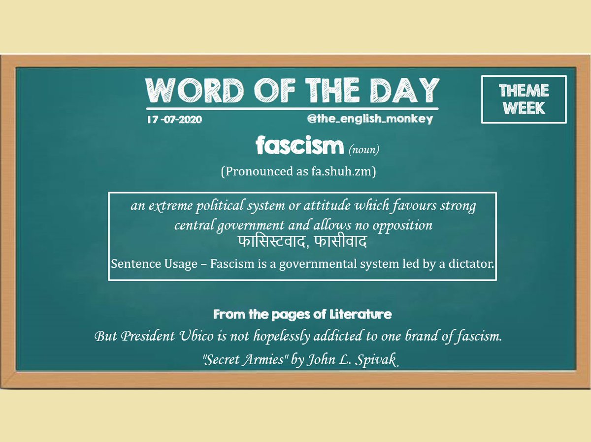 aSimpleLesson's tweet photo. July Theme Week - Types of Government
"Fascism" Word of the Day from The English Monkey 17/07/2020.
 
#TheEnglishMonkey #LearnEnglish #LearnFromHome #vocabulary #Learn #WordOfTheDay #English #englishteacher #online #vocab #Theme #fridaymorning #FridayVibes #FridayFeeling #WOTD https://t.co/zYgPHpjqXL