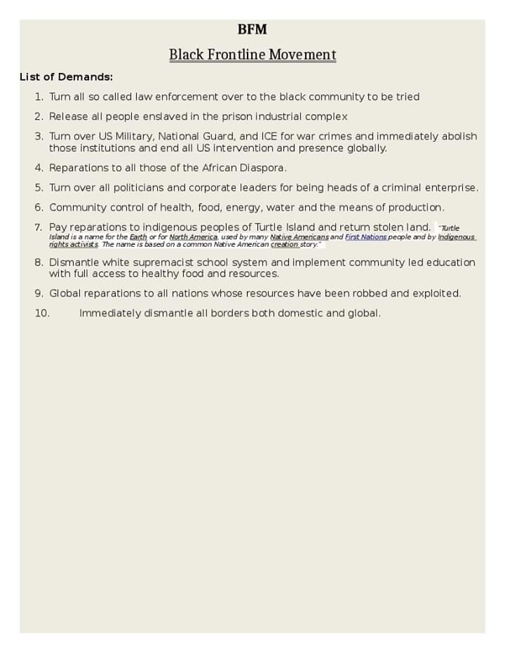 BiggVillainus's tweet photo. We talked about police accountability, and black liberation we need to be realistic about what that would look like. Check out the 10 demands of the BFM

#blacklivesmatter #PoliceBrutality #Politics #fucktrump #CHOPseattle  #CHOP #chazseattle  #CHAZCHOP  #ACAB #ftp #DefundPolice https://t.co/HHEGiWVWRY