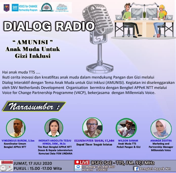 Jangan lewatkan DIALOG RADIO: "AMUNISI: Anak Muda untuk Gizi Inklusi" sore ini pukul 15.00-17.00 WITA 
melalui: 
Live RSPD Soe 97.1 RM , Live Facebook Bengkel Appek NTT dan Live Zoom ID : 815 8185 8107/Pasword : 200827

Gratis dan dapatkan sertifikat bagi peserta yg hadir di Zoom