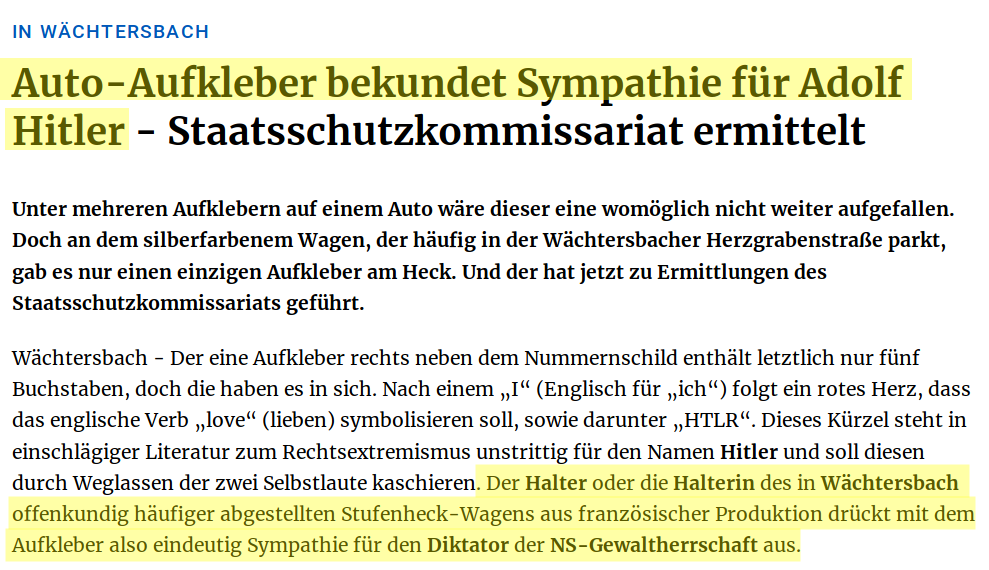 FrankenDemo's tweet photo. Redakteurin ist sicher:
"Auto-Aufkleber [I❤️HTLR] bekundet Sympathie für Adolf #Hitler"
https://t.co/D72BBTeiHW

Mögliche Interpretation von #HTLR als Heimat, Treue, Loyalität, Respekt wird verschwiegen &amp; somit unverantwortlicherweise aus #Troll-Mücke ein #Nazi-Elefant gemacht!🤨 https://t.co/OBFZiUPFFE