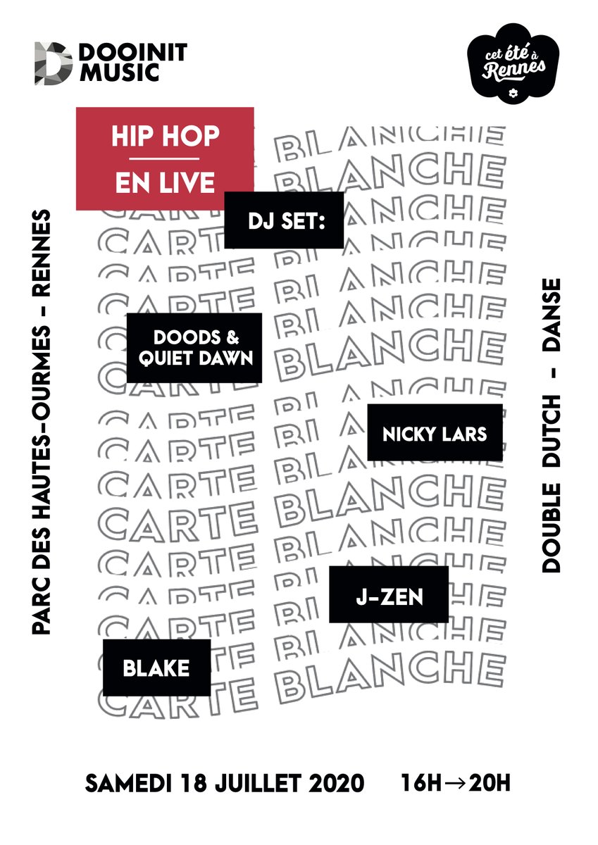 Carte blanche à notre label <a href="/dooinitmusic/">Dooinit Music</a> ce samedi au Parc des Hautes-Ourmes, Rennes.
Blake, Doods, J-Zen &amp; Nicky Lars