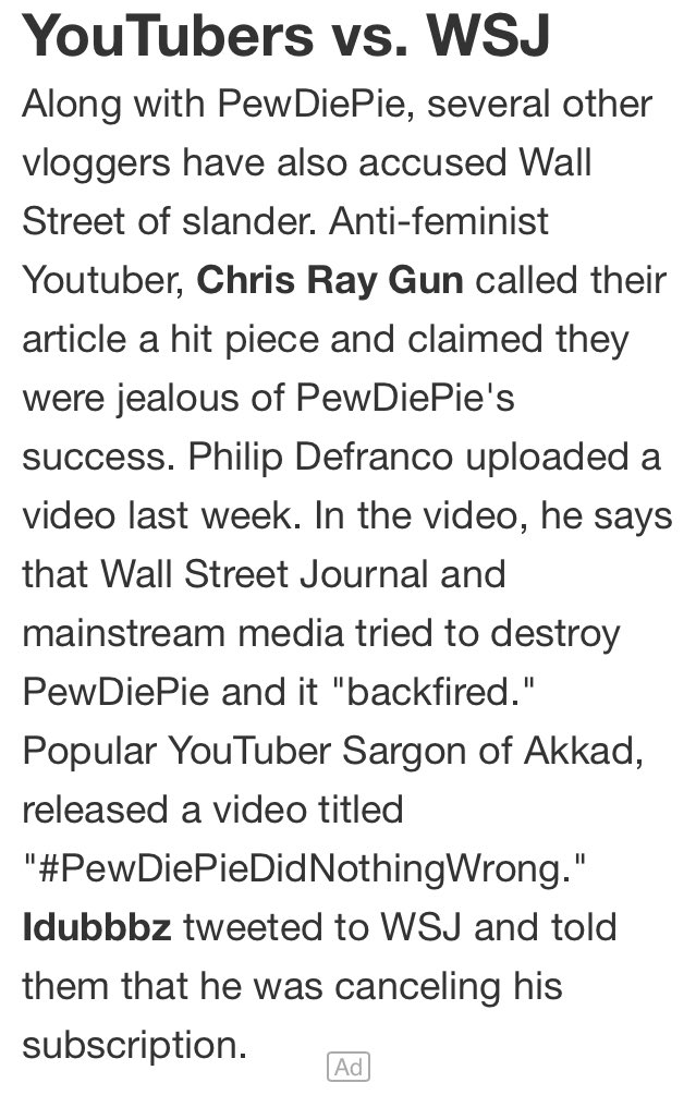 (2/4) He didn’t think they would actually do it, but they did, and was shocked. Many weeks later, WSJ made a out of context article saying that Pewd was a Nazi because of the message that was written. WSJ contacted his sponsors, and his MCN about it, and forced them to drop him.