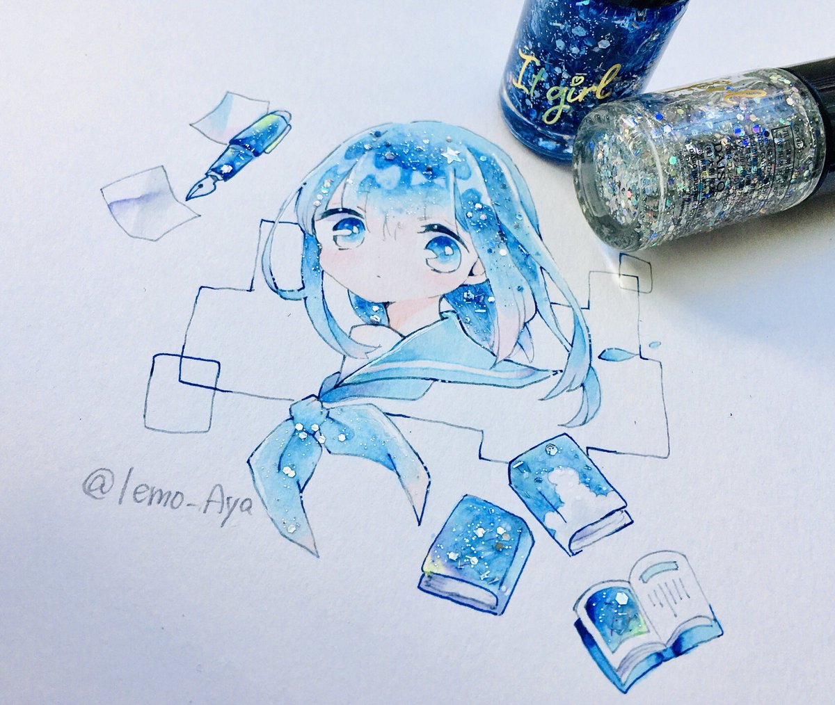 1girl traditional media blue eyes solo ribbon water drop sailor collar  illustration images