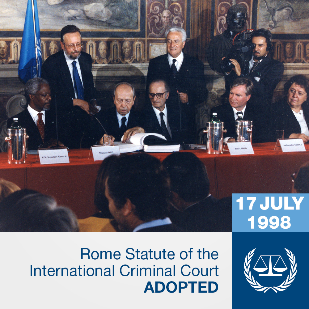 IntlCrimCourt's tweet photo. #OnThisDay the #RomeStatute, the #ICC’s founding treaty, turns 22 and is supported by 123 States and counting. Encourage your country to join efforts to fight impunity and end some of the world's gravest crimes.  

#17July = Day of International Criminal Justice https://t.co/x0FHxsyOdR