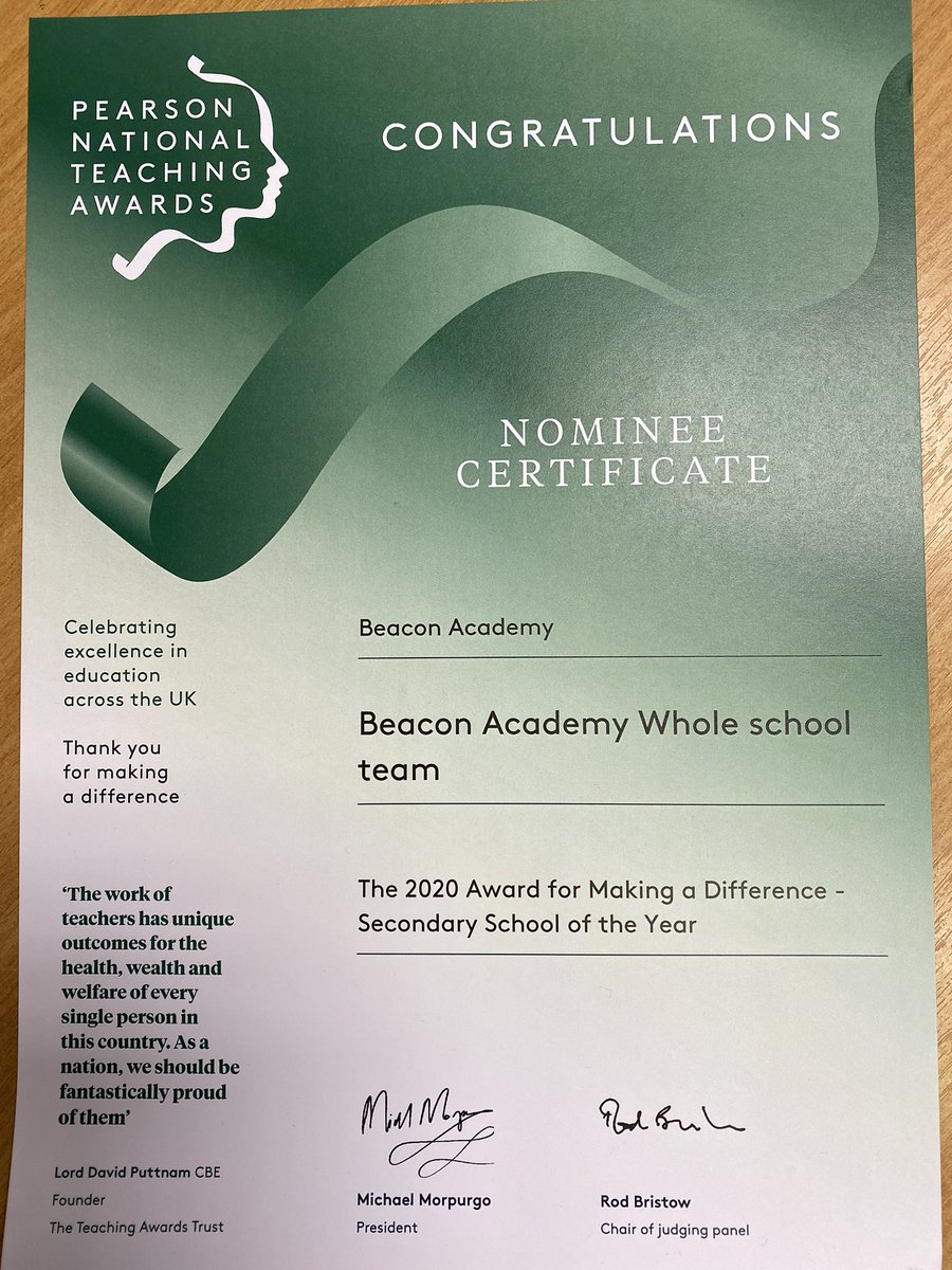 Very proud to have been nominated in the category of 2020 ‘Secondary School of the Year’ at the Pearson National Teaching Awards. Huge thank you to all our students, parents and our whole staff team. <a href="/BeaconAcademyCL/">Beacon Academy</a> @Romantotales