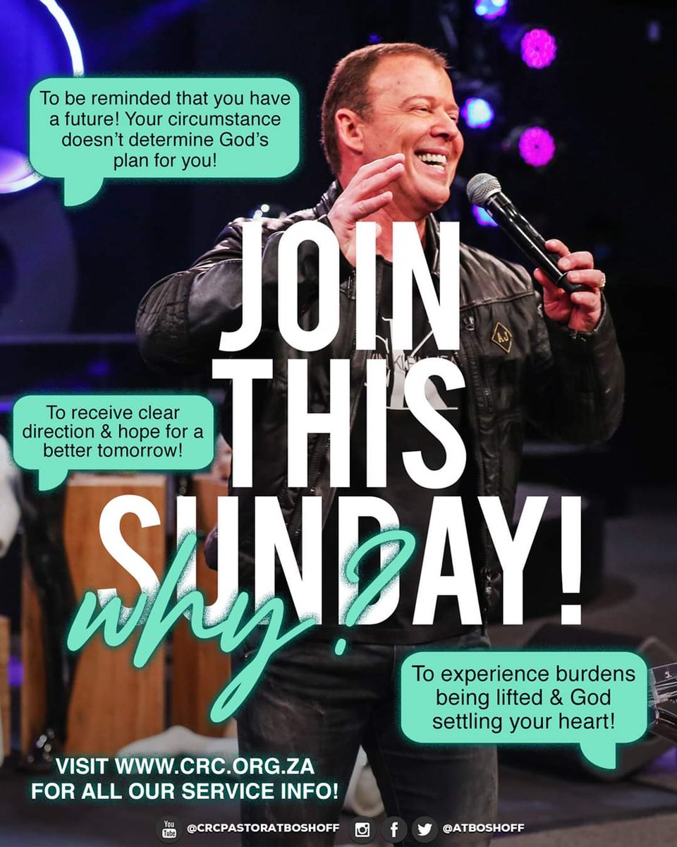 You can have hope of a better future because God’s promises are still true! Watch this Sunday and be reminded of God's promises for you! Visit crc.org.za for info on how to be part of our service!
Ps <a href="/AtBoshoff/">Adriaan Boshoff</a> @CRCMain

#Heaven2020 #CRConline #Fellowship #Hope
