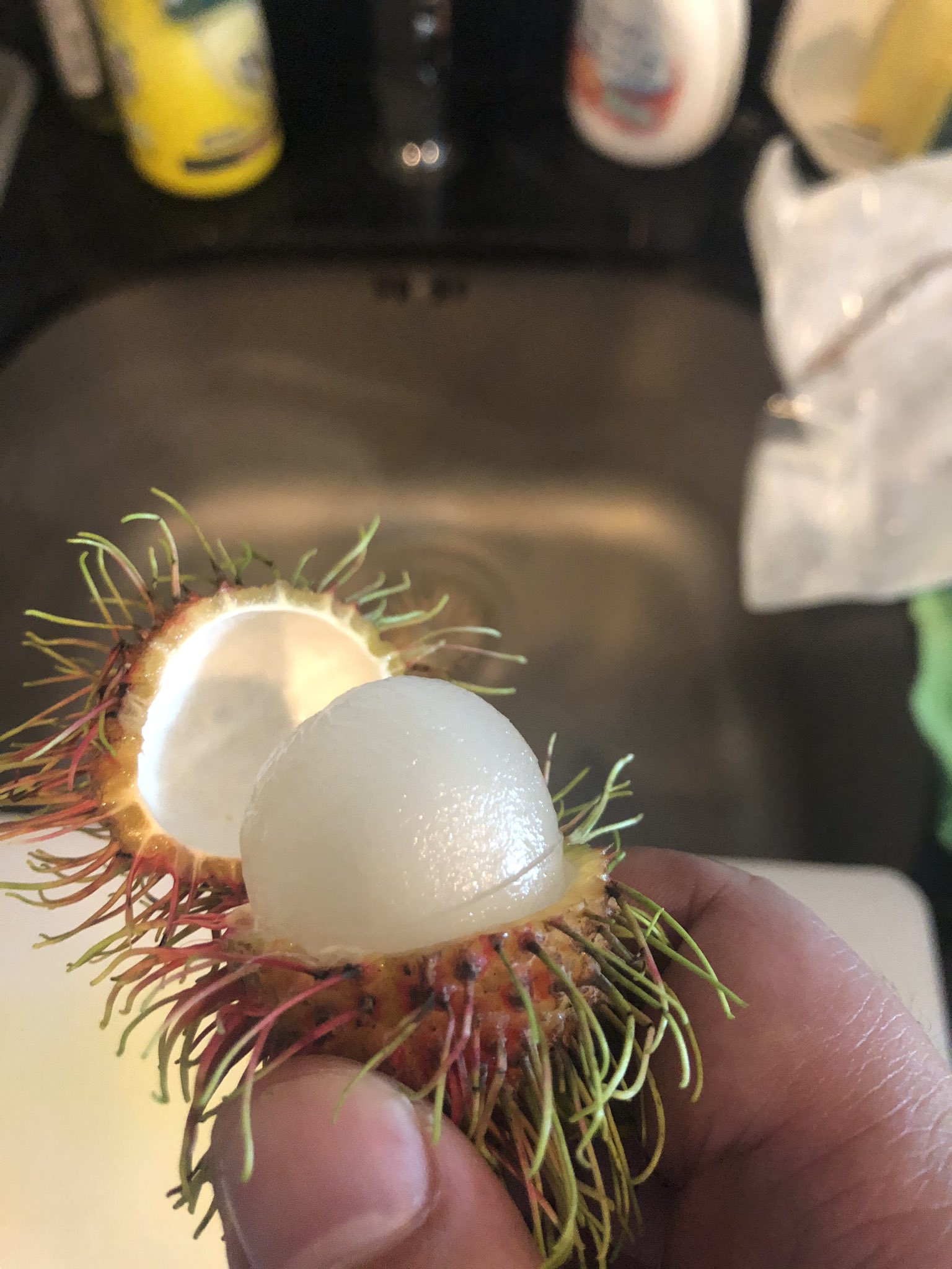 べいべー この見た目毛むくじゃら金玉の果物の名前はタイ語でเงาะンゴ 切ってみるとまさしくたんぱくの塊みたいな状態 味はほぼほぼライチ 英名ではランブータンで日本ではそっちの方が主流やけど 金玉と覚えてね T Co Tszmm6mr9f Twitter