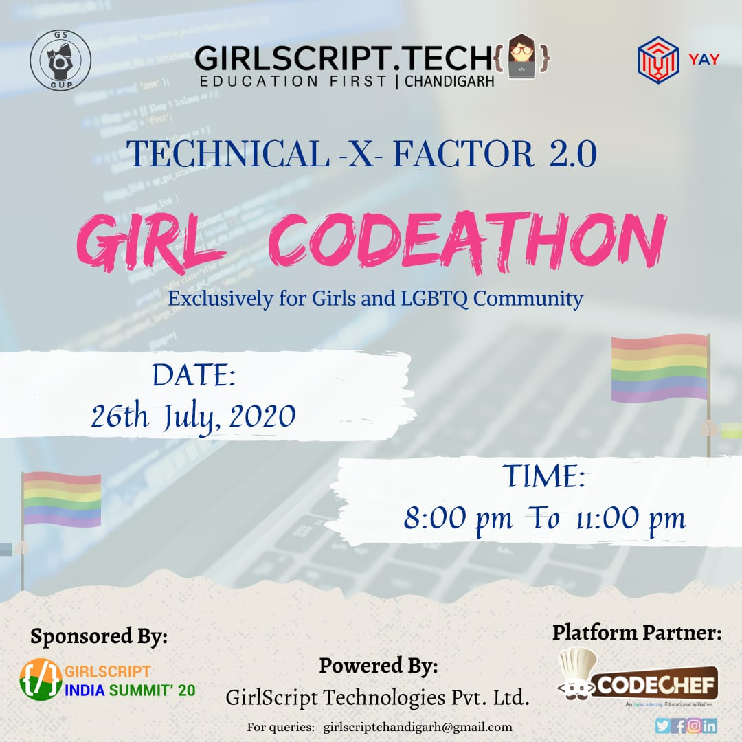 girlscripthyd's tweet photo. Girl Codeathon, which is an exclusive opportunity for female and LGBTQ communities.
Come, participate, and win.
Registration link: https://t.co/m80NzvEDvB
#girlscript #girlscripthyderabad #community #girl #coders #codeathon https://t.co/DcexdfZFLK