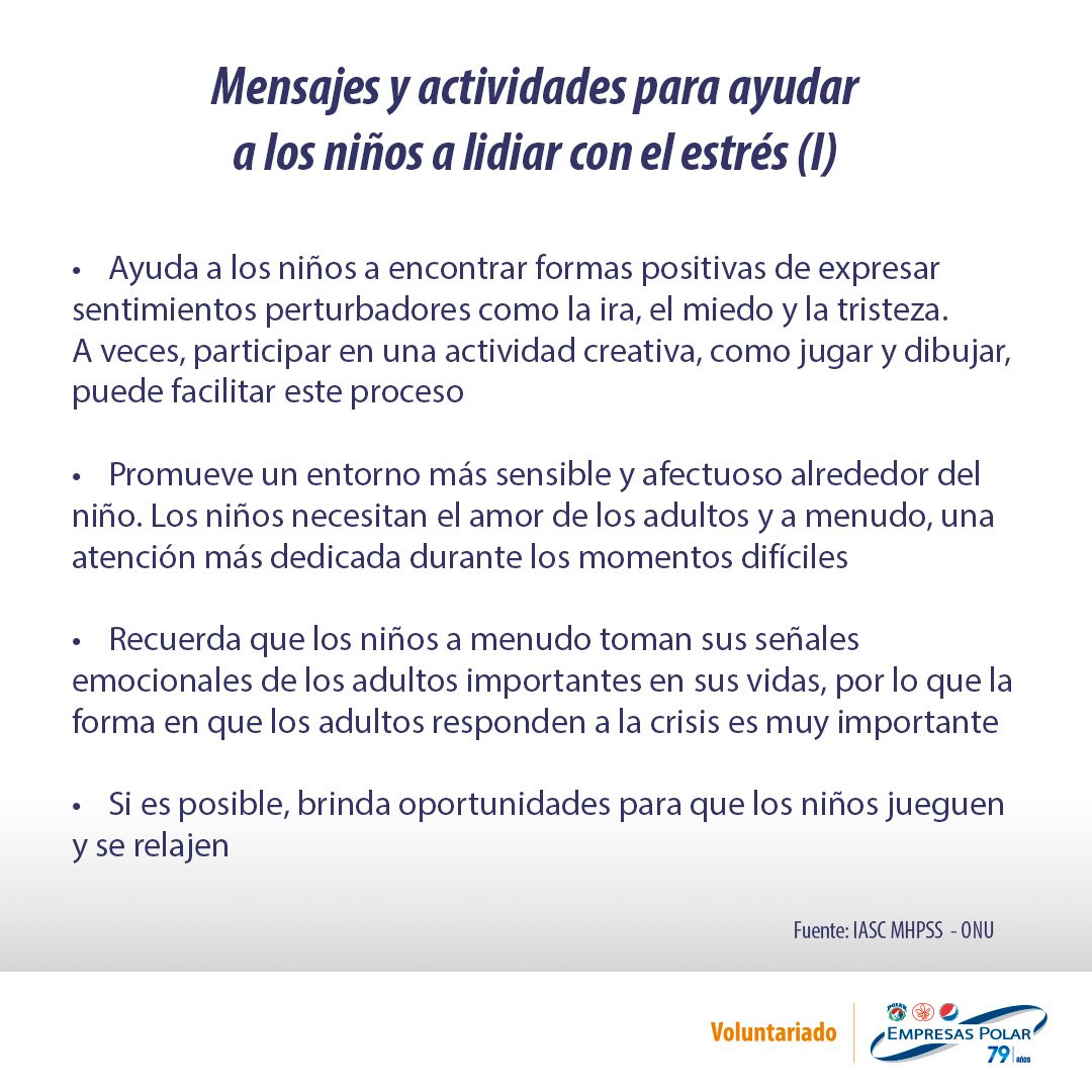 Ronnyelmen's tweet photo. Los niños también son vulnerables a los efectos psicológicos de la pandemia por el COVID-19. Como parte del Voluntariado de @empresaspolar compartimos estos mensajes para contribuir a su bienestar #VoluntariadoEP https://t.co/Mvm3AkuaRH