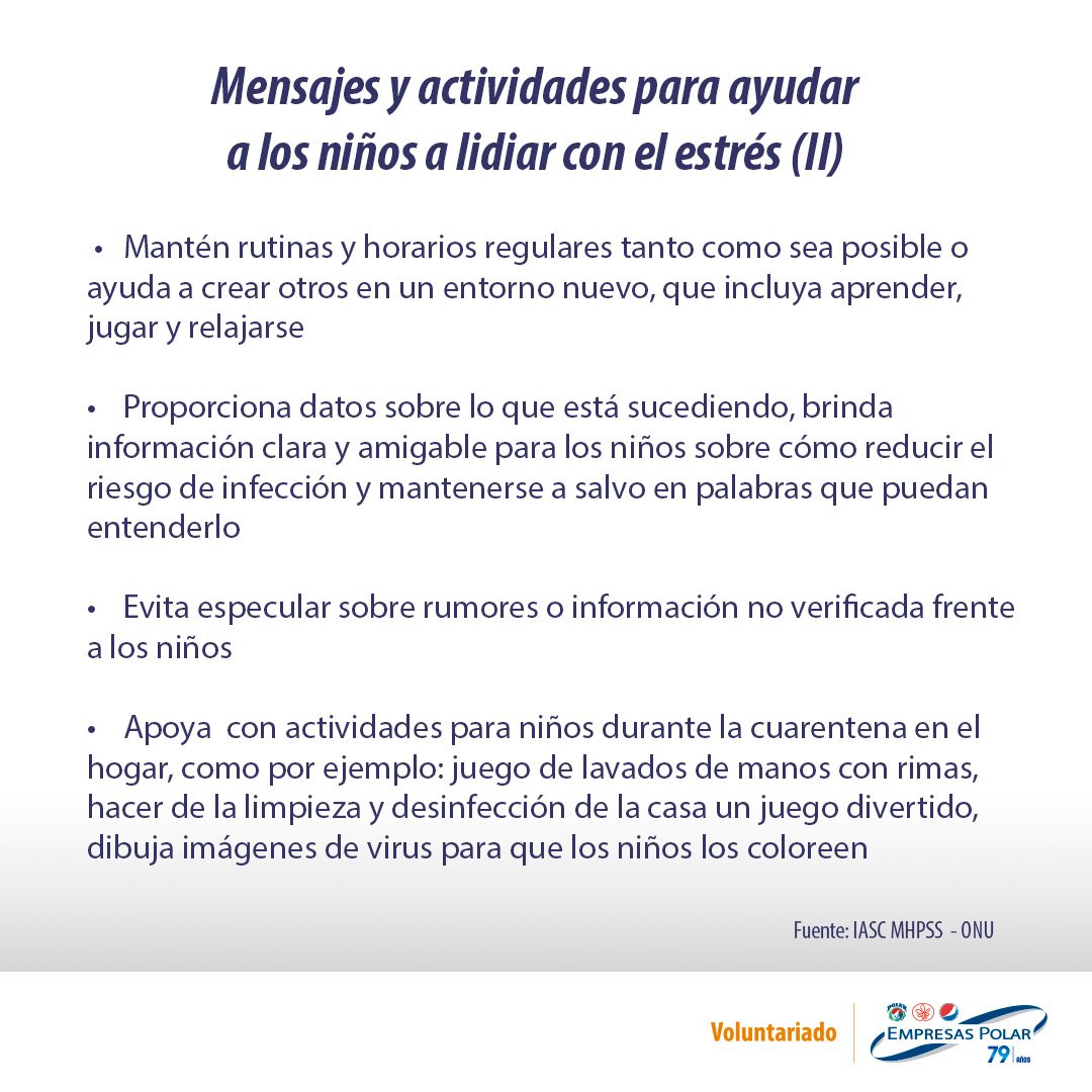 Ronnyelmen's tweet photo. Los niños también son vulnerables a los efectos psicológicos de la pandemia por el COVID-19. Como parte del Voluntariado de @empresaspolar compartimos estos mensajes para contribuir a su bienestar #VoluntariadoEP https://t.co/Mvm3AkuaRH