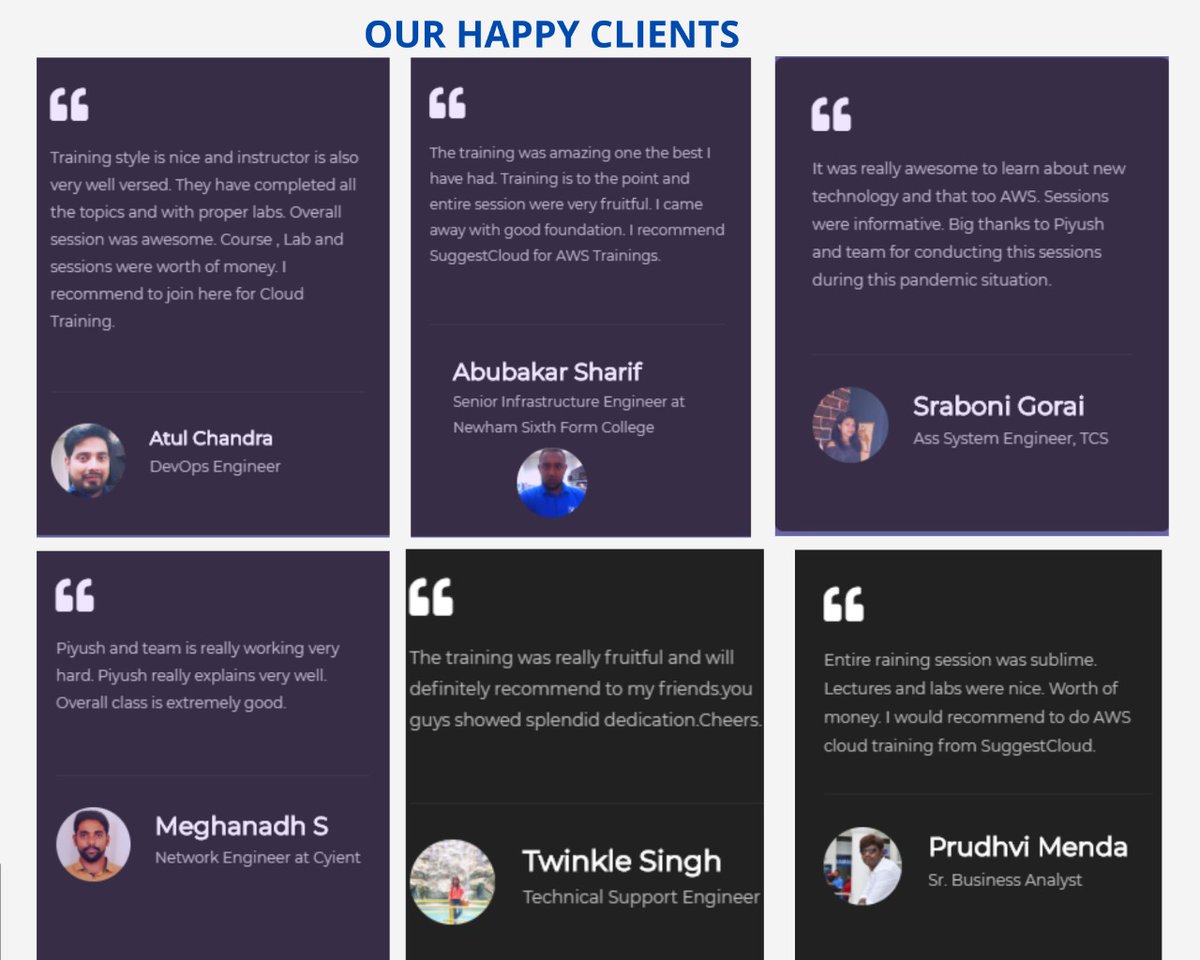 shwetappdutta's tweet photo. Our happy Clients..
#AWS #onlinelearning #onlinetraining #suggestcloud
@SuggestCloud @BeingPiyush https://t.co/9kvcejDCwK