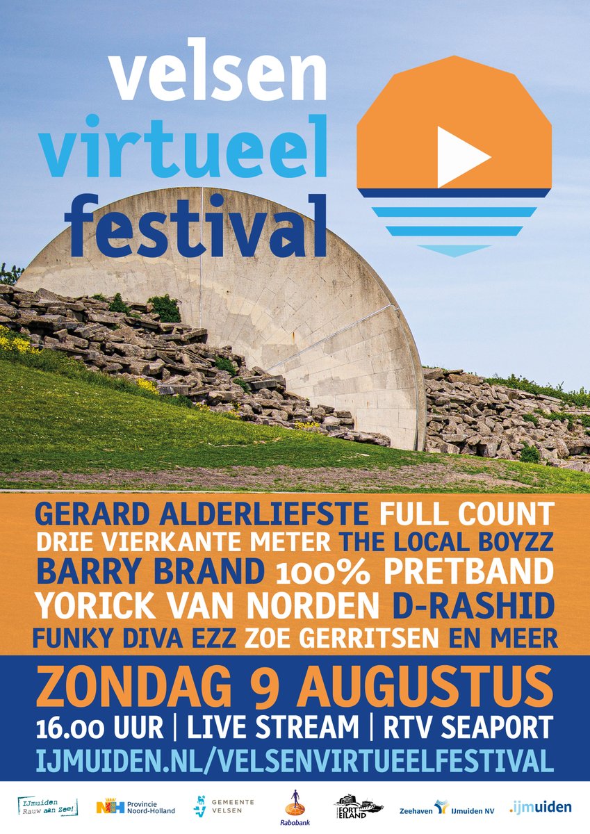 De poster van het Velsen Virtueel Festival is klaar! Op zondag 9 augustus trakteren de zes grootste evenementen van Velsen op een gratis virtueel festival waarbij muziek en cultuur centraal staan. Waar kijk jij?  ijmuiden.nl/velsenvirtueel…