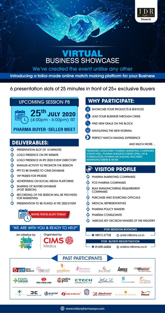 CIMS_Medica's tweet photo. CIMS MEDICA PRESENTS ONLINE PHARMA BUYER SELLER MEET ON 25th JULY 2020, SATURDAY
For more detail call : 8169864404
Email: anisha.n@cims.co.in
Reg Link: https://t.co/YT3aTYWjA4
#PharmaFranchise #Purchaseheads #Marketingheads #PCDpharma #Pharmaceutical #distributors #VIP https://t.co/SuY7xABMLK