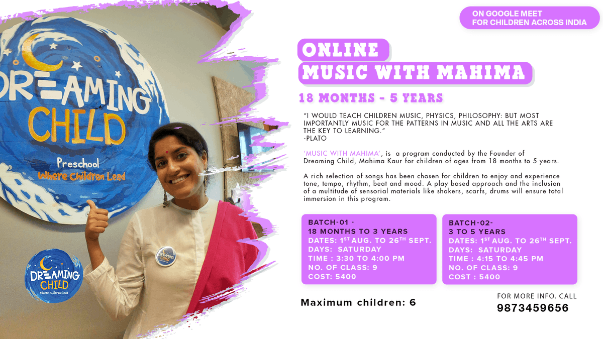 DreamingChild3's tweet photo. DREAMING CHILD VIRTUAL WORKSHOPS 2020
A shout-out to Parents across India in search for Creative, Stimulating and Meaningful online After-school programs for their children from August to September 2020. 
Music with Mahima (18 months - 5 yrs)
Amisha 9873459656
#Delhi #workshop https://t.co/R6dL1uLsCk