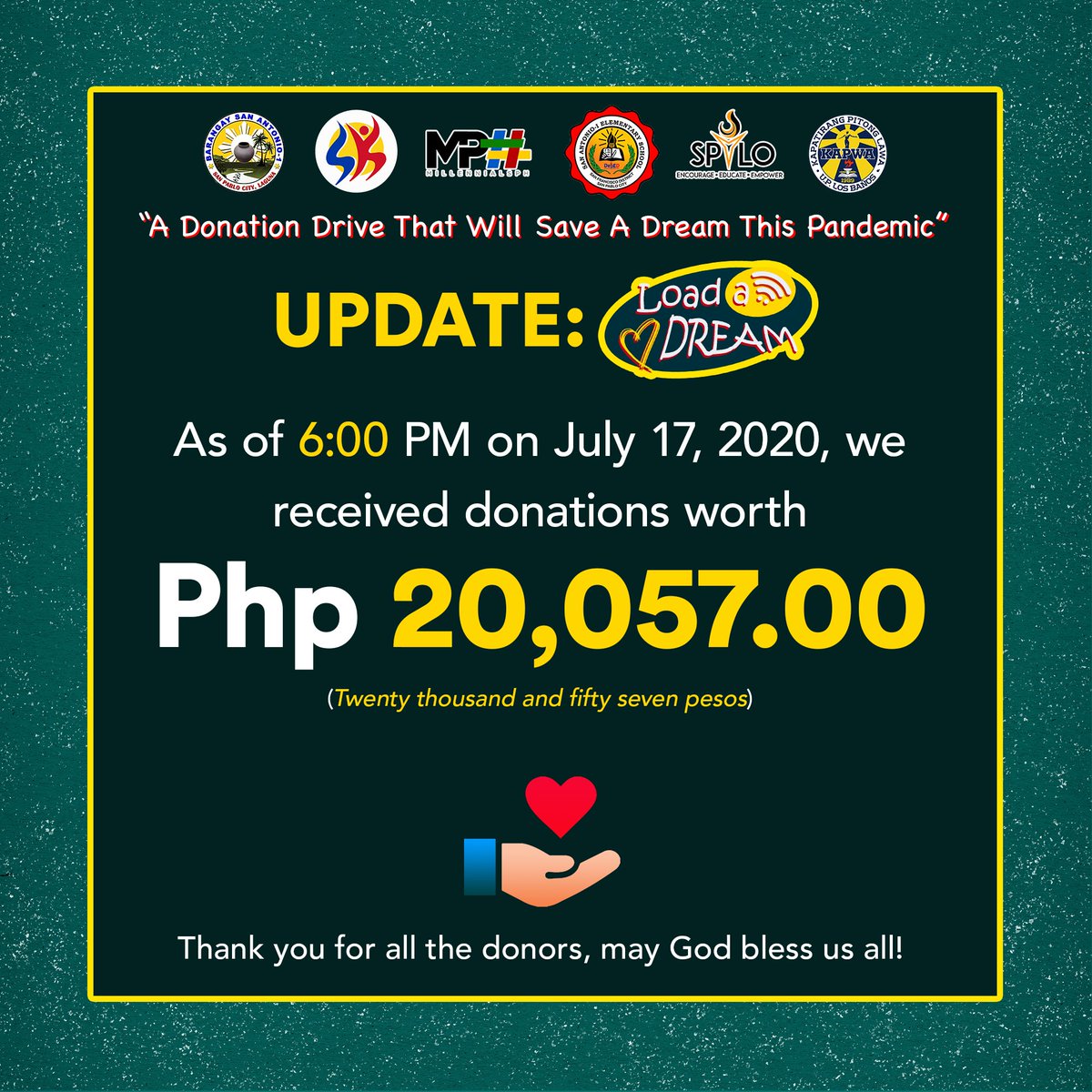 LoadADream1's tweet photo. MARAMING SALAMAT PO!🤗

Nawa po ay patuloy ninyo kaming suportahan upang tuluyang maisakatuparan ang inisyatibong ito at nang sa gayon ay marami pa tayong matulungang mag-aaral na maabot ang kanila pangarap. Sa ngayon po ay nakalikom na po tayo ng Php 20,057.00 https://t.co/NjeDh7ivSK