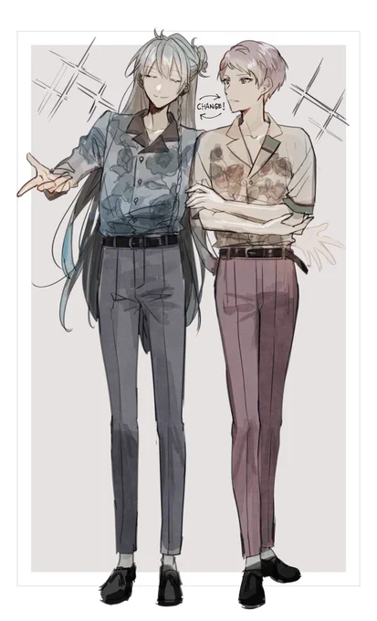渉と宗の私服交換しても違和感ないよねって絵?絶対一緒に買いに行ったよね!?!?
2枚目は真顔の渉が描きたかった、、 