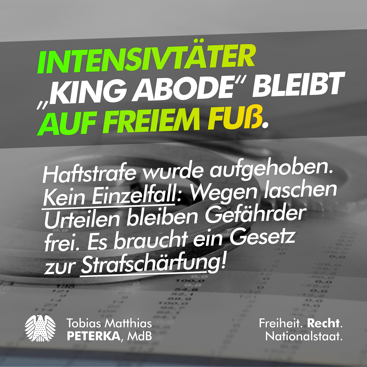 TobiasMPeterka's tweet photo. #KingAbode bleibt auf freiem Fuß. Urteil aufgehoben. #Intensivtäter können in #Deutschland machen, was sie wollen ohne Konsequenzen. Mein Gesetzentwurf zur #Strafschärfung (#DreiStrikes) hätte solchen Typen längst einen Riegel vorgeschoben. / Q: https://t.co/9brc4xlF0r https://t.co/mtPp6qG0Ln