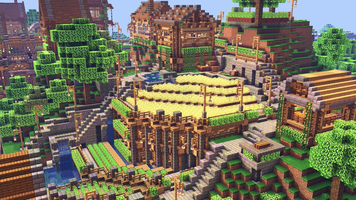 Kogumapro こぐまぷろ Pa Twitter 崖の上の村を振り返る 崖の上の村の中心部には畑が陣取ってます ここ一帯を農業区にしようかなと考えていたのですが そんなことはすっかり忘れて周りに家を建ててしまいました ちゃんと畑も潤っています マイクラ Minecraft