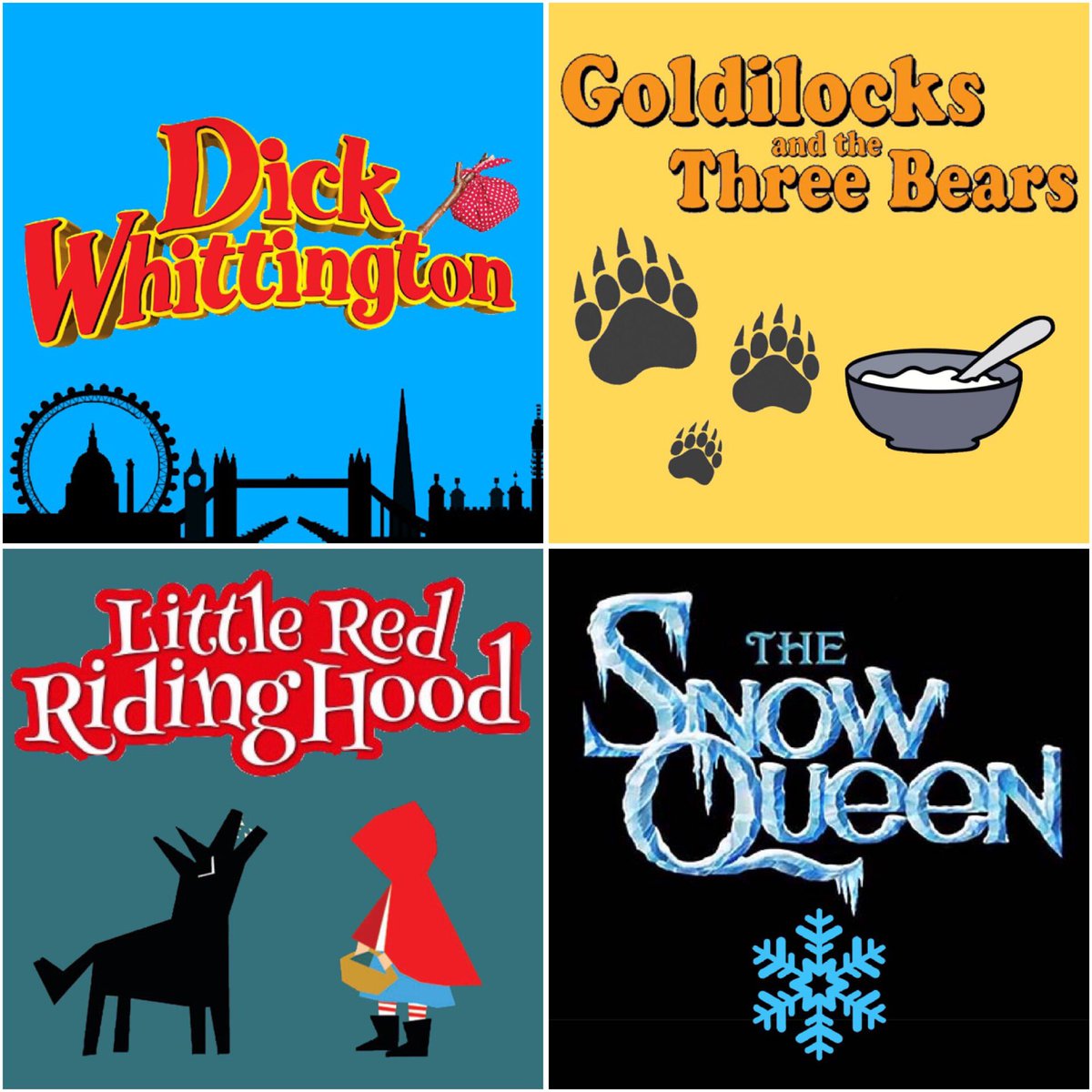 HATSPantomime's tweet photo. More #PantoPremierLeague with the Group D qualifiers!

#DickWhittington 🐱 
#GoldilocksAndTheThreeBears 🥣🐻🐻🐻
#LittleRedRidingHood 🐺
#SnowQueen ❄️ 

Vote for your favourite pantomime story from these 4 contenders by commenting below. 
Voting closes at 10:00am tomorrow! https://t.co/qBFaQaqAKA