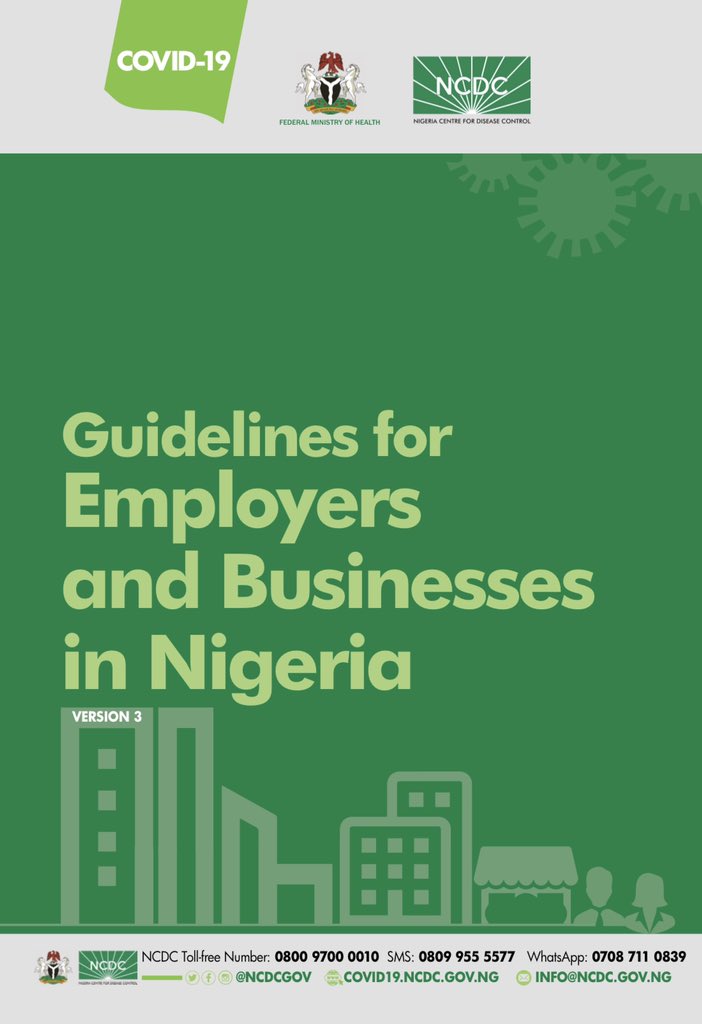 How can you reduce risk of #COVID19 spread in the workplace❓
#TakeResponsibility by:
✅ Conducting temperature checks
✅ Ensuring use of face masks 
✅ Observe physical distancing
✅ Observe hand hygiene frequently

Download our business guide for more 📋
covid19.ncdc.gov.ng/guideline/
