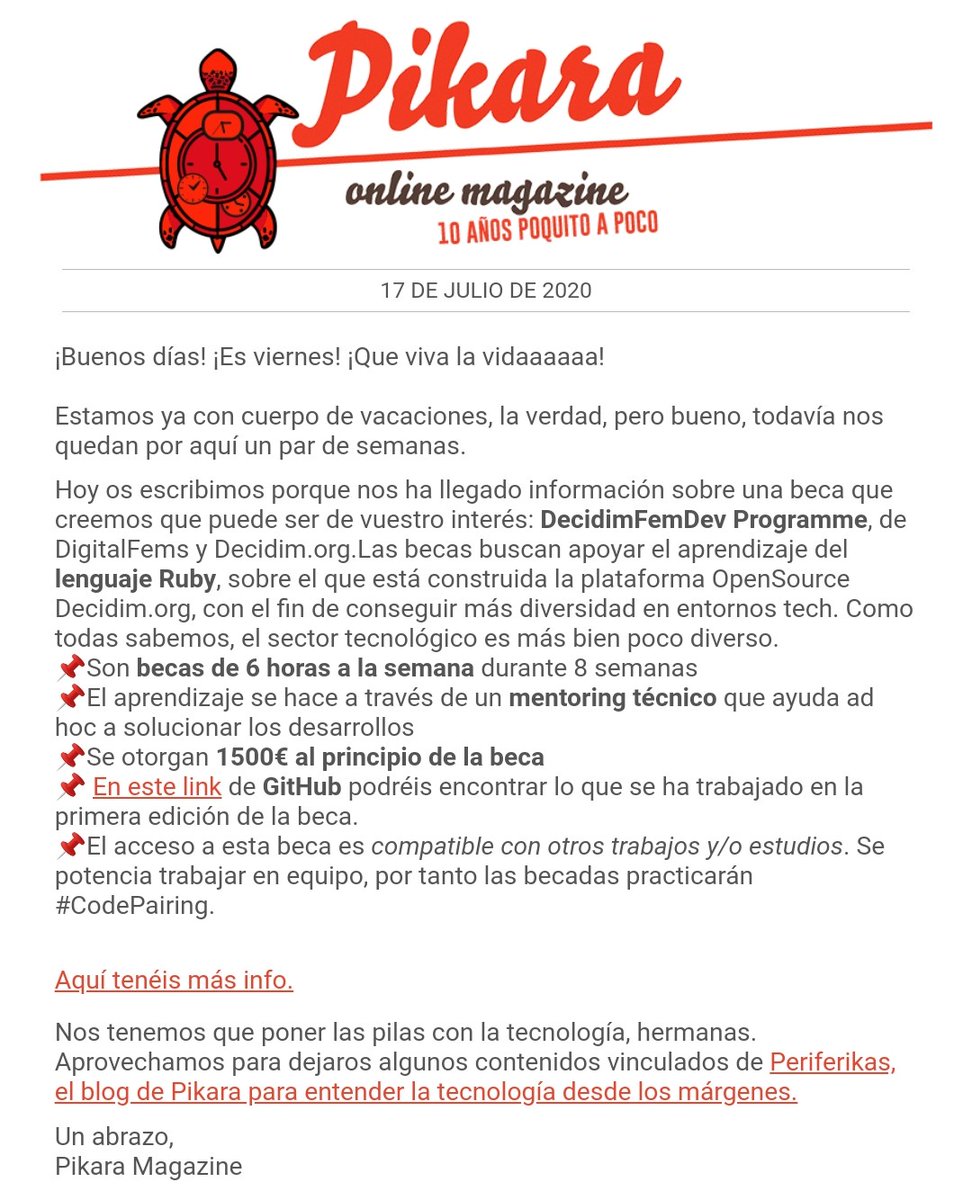 decidim_org's tweet image. Quién mejor que las amazonas de @pikaramagazine para informarte sobre nuestro programa de becas para desarrolladoras #DecidimFemDev

Si todo es político, la tecnología también!