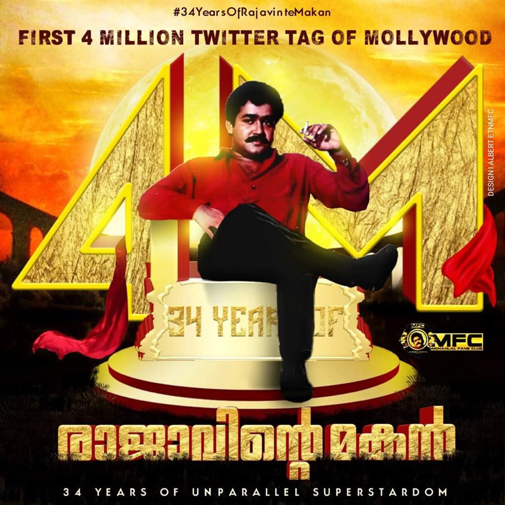 ForumReelz's tweet photo. First 4 Million Twitter Tag Of Mollywood 

#34YearsOfRajavinteMakan 🔥 https://t.co/Wd3dEX5T7F