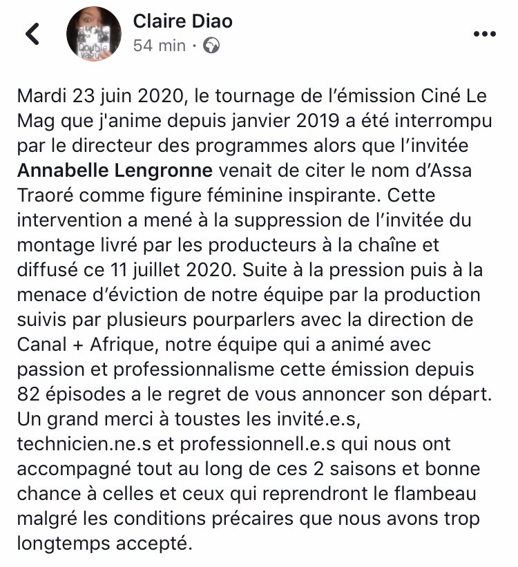 Fatima Ouassak (@fouassak) on Twitter photo Lors de l’émission #CinéLeMag sur <a href="/canalplus/">CANAL+</a>, l’invitée Annabelle Lengronne parle d’Assa Traoré comme femme inspirante.
Résultat: invitée coupée au montage, et toute l’équipe de l’émission à la porte!
Témoignage ici de <a href="/ClaireDiao/">Claire Diao</a>, soutien à toute l’équipe 💚
<a href="/laveritepradama/">La Vérité Pour Adama</a> Lors de l’émission #CinéLeMag sur <a href="/canalplus/">CANAL+</a>, l’invitée Annabelle Lengronne parle d’Assa Traoré comme femme inspirante.
Résultat: invitée coupée au montage, et toute l’équipe de l’émission à la porte!
Témoignage ici de <a href="/ClaireDiao/">Claire Diao</a>, soutien à toute l’équipe 💚
<a href="/laveritepradama/">La Vérité Pour Adama</a>