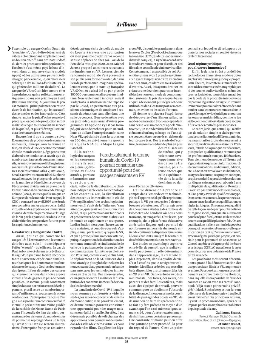 Suite à l’impact planétaire du Covid-19, comment les technologies immersives évoluent et nous lient ?
Retrouvez la tribune parue dans <a href="/Ecran_Total/">Ecran Total</a>  que j’ai eu l’honneur de co-écrire avec Julien Brunet (avocat spécialisé en droit du cinéma chez <a href="/spring_legal/">SpringLegal</a>) #XR #SocialVR ⬇️