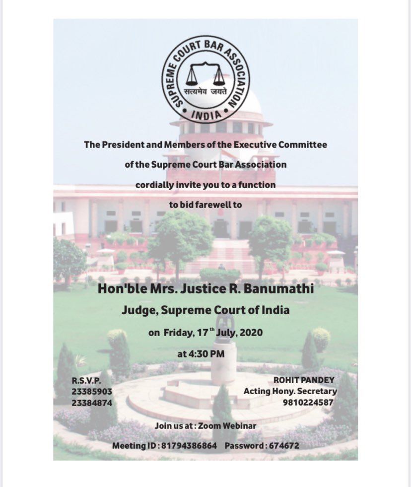 The Supreme Court Bar Association is hosting a Farewell function for Hon’ble Mrs. Justice R. Banumathi of the Supreme Court of India. Live updates of the function will be available here. 