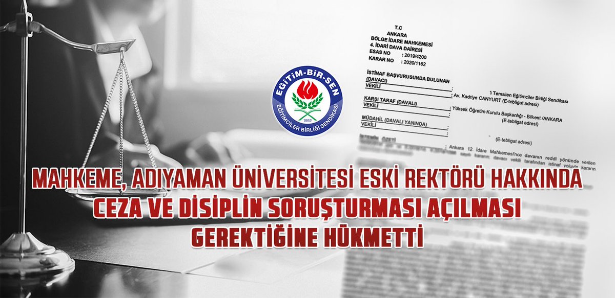 Mahkeme, Adıyaman Üniversitesi eski rektörü hakkında ceza ve disiplin soruşturması açılması gerektiğine hükmetti

YDK’nın inceleme neticesinde raporda yer alan bulgulara rağmen ceza ve disiplin soruşturmasına gerek görmeyen YÖK kararı mahkemeden döndü.
▪️ebs.org.tr/mobil/haber_de…