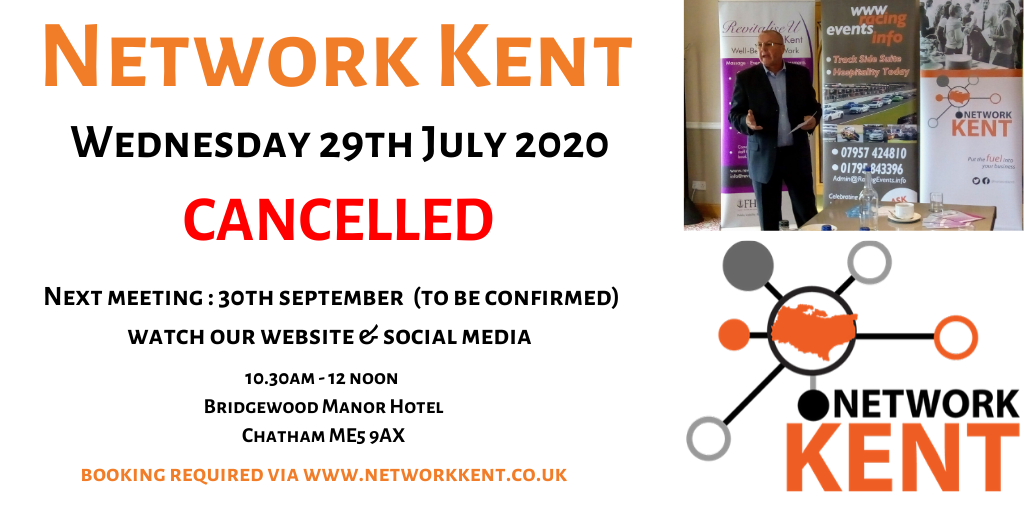 NetworkKent's tweet photo. July &amp; Aug mtgs have been cancelled but it is hoped face to face networking can start again @BridgewoodManor in September so pencil 30/9 in your diaries. 
Unfortunately the @OfficialBSB special networking event in July has also been cancelled. See our social media for updates. https://t.co/FfrvFOyPM3