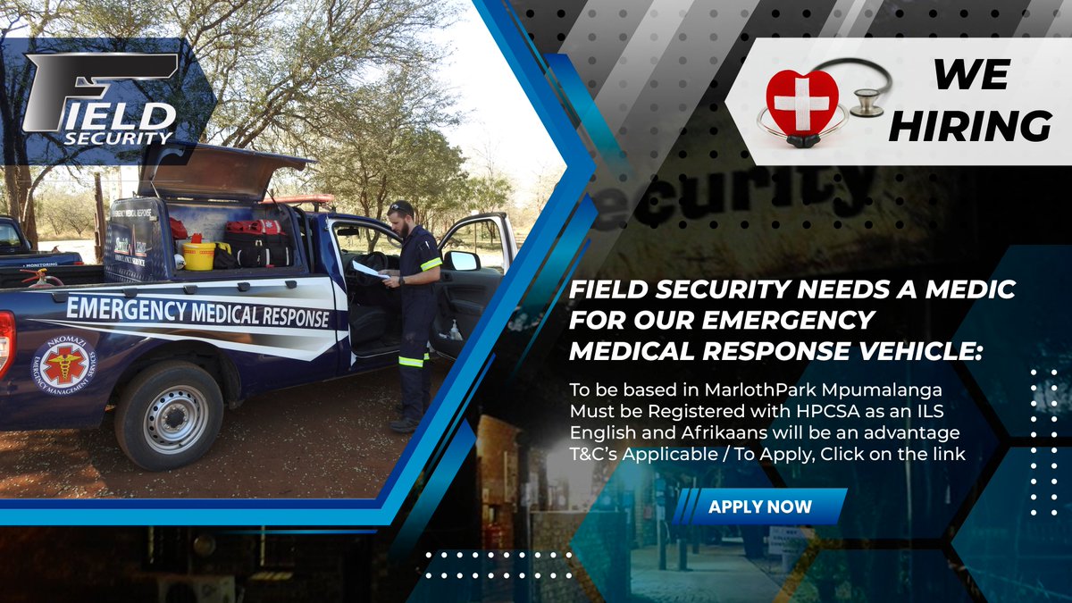 adstube's tweet photo. #WeHiring
#Fieldsecurity are looking to hire a qualified #medic for our #emergency #medical response vehicle
Based in #MarlothPark #mpumalanga
Must be Registered with HPCSA
English and Afrikaans will be an advantage
T&C’s Applicable / Email your CV to:
manager@fieldsec.co.za https://t.co/Wc6RBdSg9J