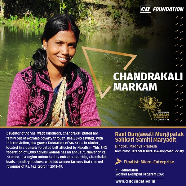CIIFoundation's tweet photo. Daughter of Adivasi wage labourers,CIIF #WomanExemplar Chandrakali overcame poverty w/ meager #SHG savings, went on to set up #microenterprises that enable people to lift themselves out of poverty,and has impacted 6⃣0⃣0⃣0⃣ Adivasi #women
#WomenLeaders #Enterprise @bharat_radhika https://t.co/dZGjZ1f4GK