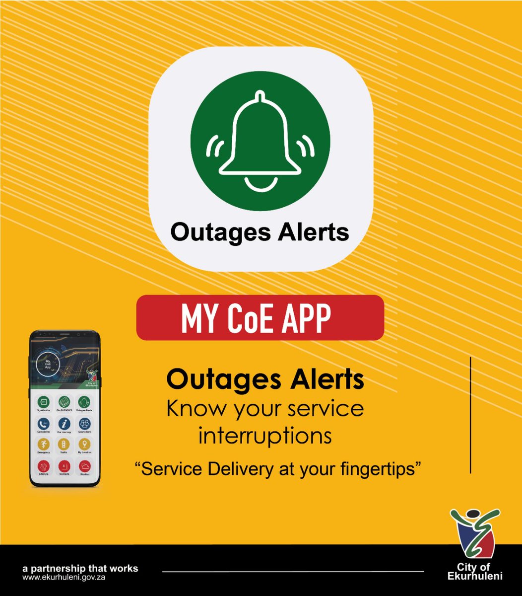 City_Ekurhuleni's tweet photo. DON’T BE IN THE DARK! We bring you outages alerts via our new My CoE App, available from the Play/App stores. If you’re having difficulties in downloading or navigating, our support team is ready to assist you on 011 999 5102.
#MyCoEApp #ServiceDeliveryAtYourFingertips https://t.co/Fz7tt8Mic4
