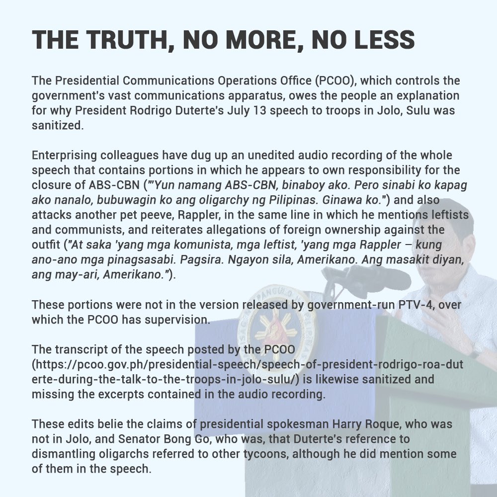 PCIJdotOrg's tweet photo. We deserve the truth from the President and this government, without any cuts or edits. 

READ this statement from the Freedom for Media, Freedom for All Network on the release of the President’s edited speech to troops in Jolo, Sulu last July 13.

Graphics: Penzer Baterna/@cmfr https://t.co/9g68kEY7xN
