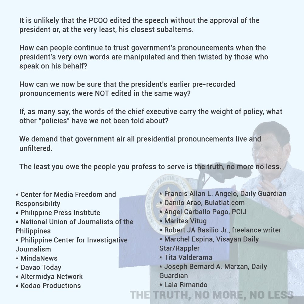 PCIJdotOrg's tweet photo. We deserve the truth from the President and this government, without any cuts or edits. 

READ this statement from the Freedom for Media, Freedom for All Network on the release of the President’s edited speech to troops in Jolo, Sulu last July 13.

Graphics: Penzer Baterna/@cmfr https://t.co/9g68kEY7xN