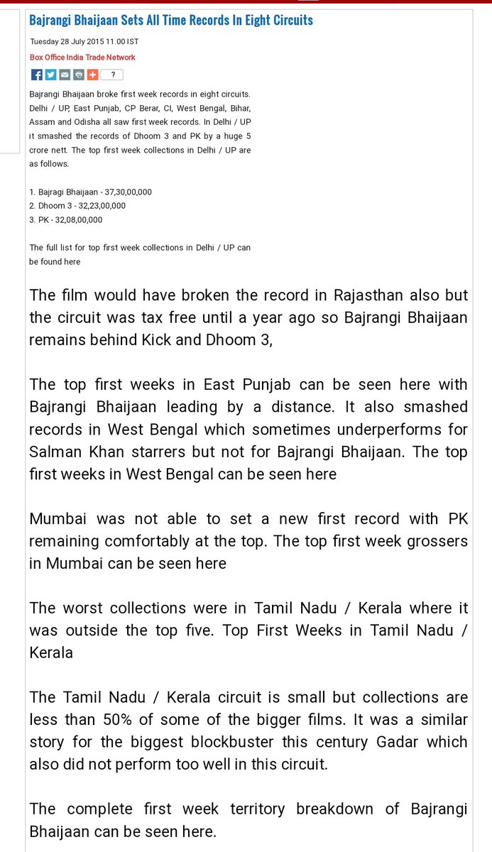 Bajrangi Bhaijaan Destroyed every Box office records which existed & created new ones which is still unbroken. From West Bengal ( which sometimes underperform for salman ) To Rajasthan to Delhi/Ncr & mumbai. Every circuit saw Record numbers thanks to the initial pull of Megastar.