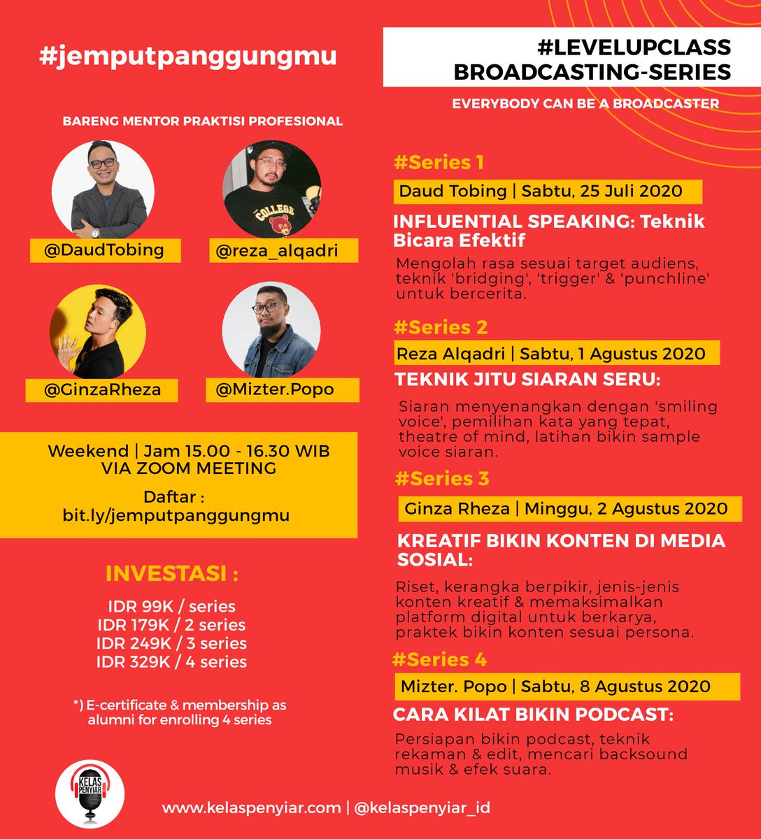 kelaspenyiar_ID's tweet photo. Setuju ga sih? Salah satu hal tersulit saat public speaking adlh membangun suasana, sehingga audien ttp bs fokus.
#Levelupclass Broadcasting Series by @daudtobing Bakalan kasih tips & tricknya. Nggak hanya itu, tp jg ada prakteknya loh. Yuk daftar di https://t.co/aLbKBtRShK https://t.co/P0ySHJxfd7
