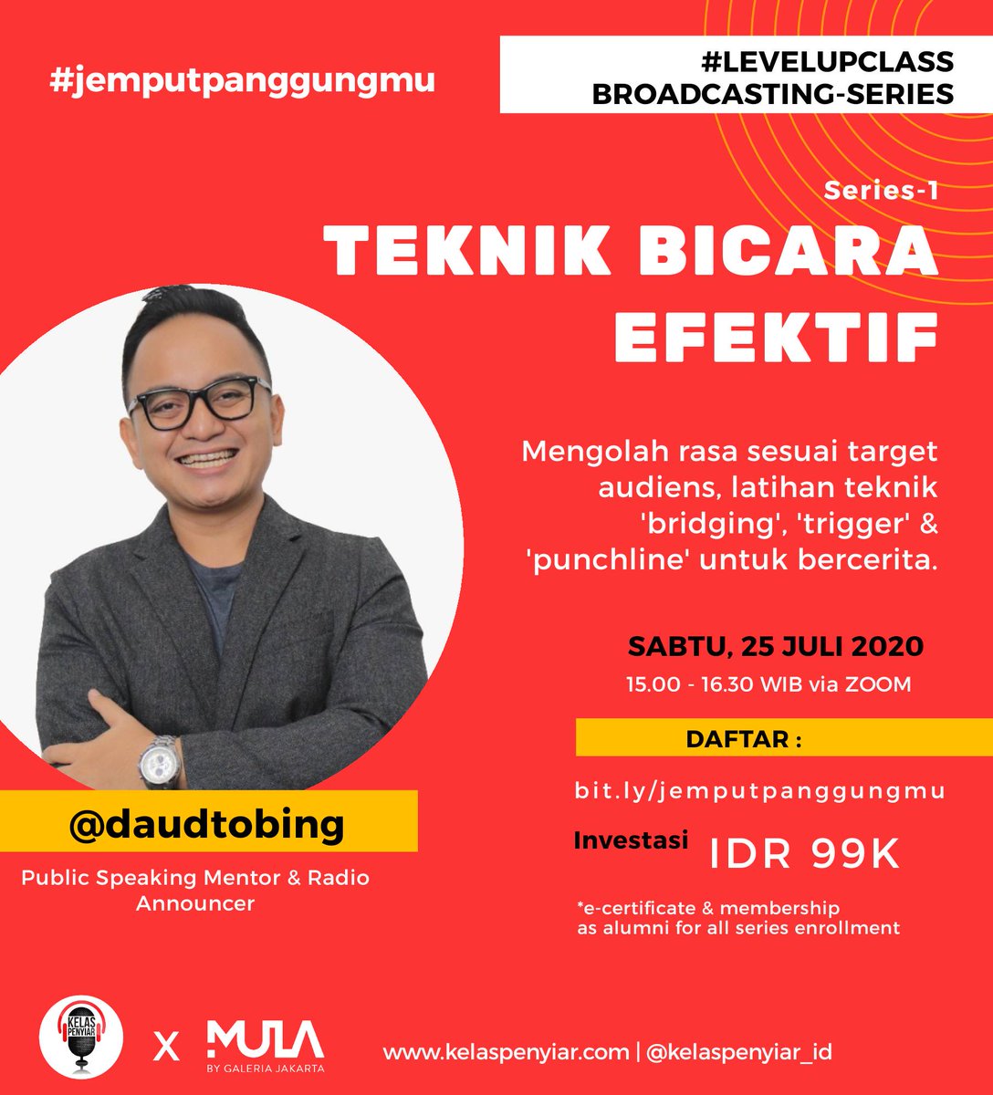 kelaspenyiar_ID's tweet photo. Setuju ga sih? Salah satu hal tersulit saat public speaking adlh membangun suasana, sehingga audien ttp bs fokus.
#Levelupclass Broadcasting Series by @daudtobing Bakalan kasih tips & tricknya. Nggak hanya itu, tp jg ada prakteknya loh. Yuk daftar di https://t.co/aLbKBtRShK https://t.co/P0ySHJxfd7