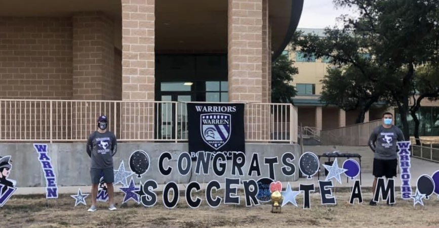 NISDWarren's tweet photo. Congratulations to Warren FC⚽️
28-6A Co-District Champions

Graduates, thank you for every second on the pitch. Expect the impossible &amp; conquer all your goals. 

¡GOOOOAAALLLL! @Wow_branding scores with their amazing sign to celebrate our Warriors. 

#Futbol #WarrenLegends #EDub https://t.co/as6sVs4kJV