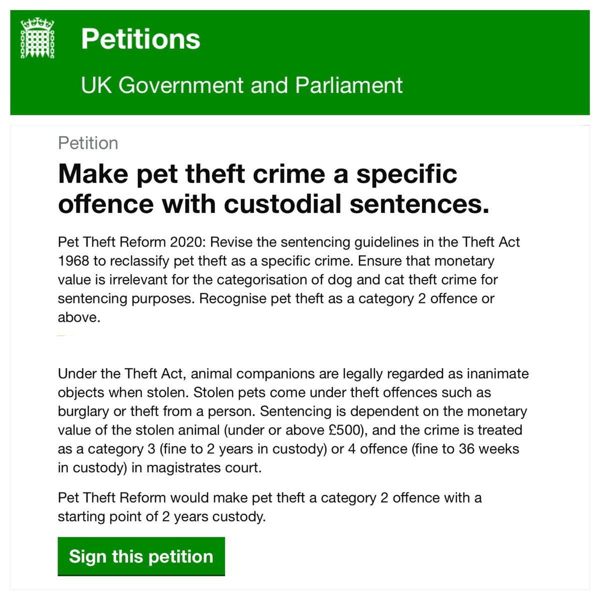 bectaggreen's tweet photo. Pls sign &amp; RT Make pet theft a specific offence with a minimum 2 year custodial sentence to act as a deterrent to stop #DogTheft #CatTheft #HorseTheft  #PetTheftReform  https://t.co/1us9j1LVaf https://t.co/lXTK6NCbn7