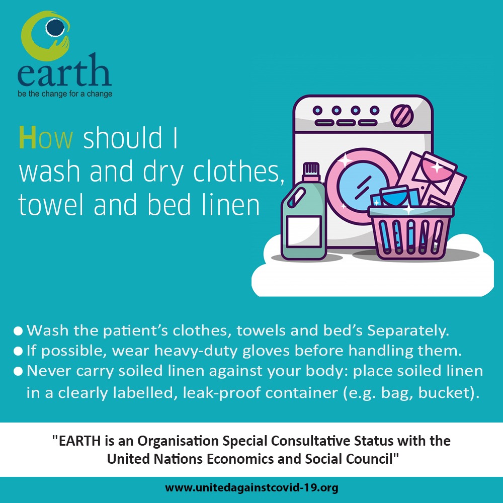 EarthTheNGO's tweet photo. How should we wash and dry clothes, towels, and bed linens, if someone is a suspected or confirmed COVID-19?

#coronavirus #earthngo #SafetyFirst #Covid_19 #WashYourHands #MaskUp #Masks4Community #COVID19India https://t.co/LsfWd5iCz6