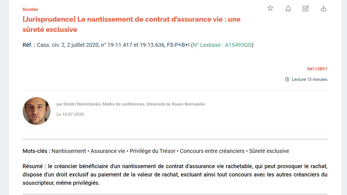 LexbaseAffaires's tweet photo. #nantissement
#assurancevie
👉 A lire cette semaine dans @LexbaseAffaires, le commentaire de Dimitri NEMTCHENKO "Le nantissement de contrat d’assurance vie : une sûreté exclusive" sur Cass. civ. 2, 2 juillet 2020, n° 19-11.417 et 19-13.636, FS-P+B+I https://t.co/D1WVDSxjXV